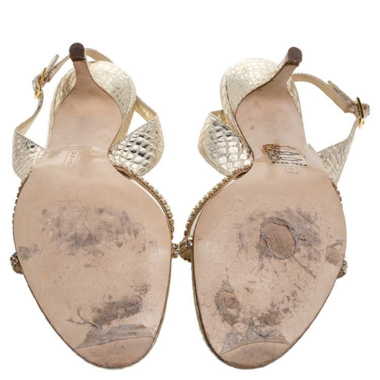 Pre Owned Gina Gold Croc Embossed Leather Crystal Embellished Slingback Sandals Size 37.5