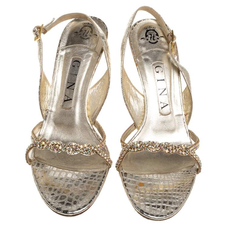 Pre Owned Gina Gold Croc Embossed Leather Crystal Embellished Slingback Sandals Size 37.5