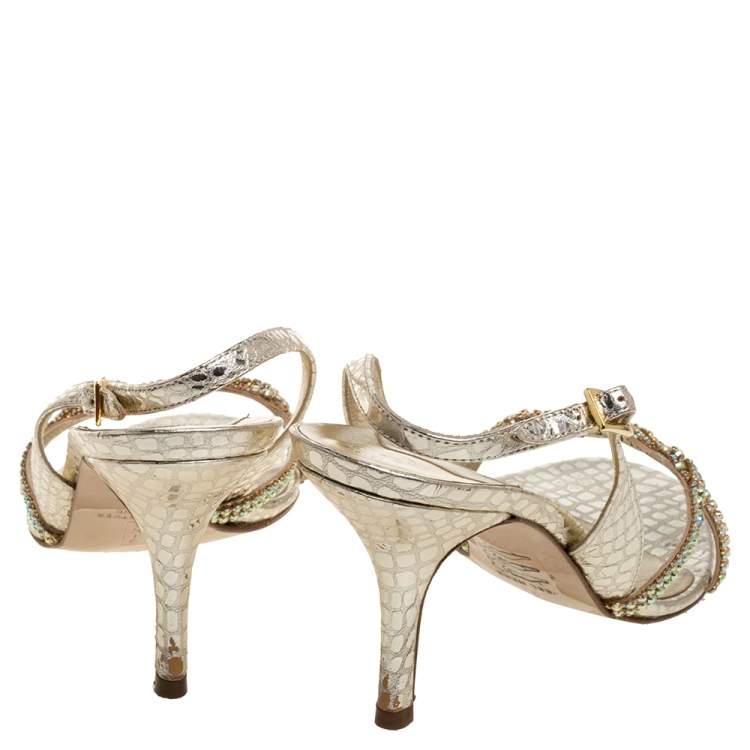 Pre Owned Gina Gold Croc Embossed Leather Crystal Embellished Slingback Sandals Size 37.5