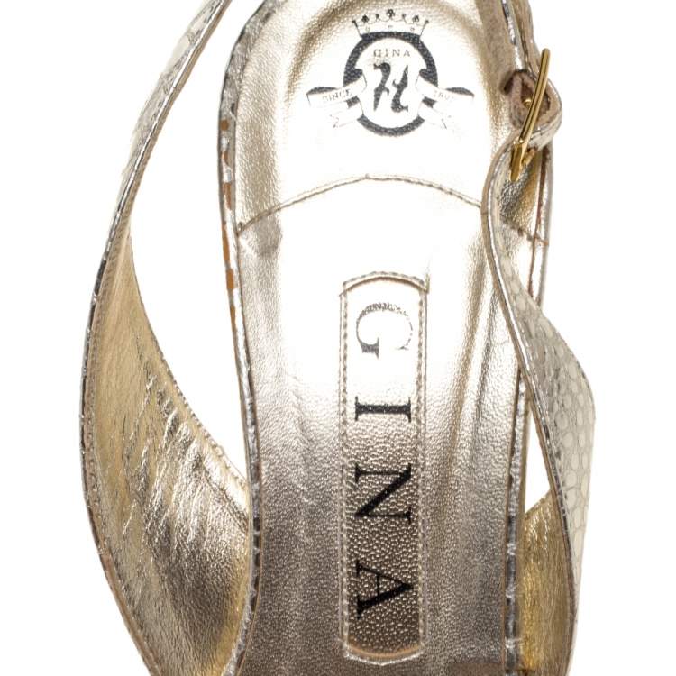 Pre Owned Gina Gold Croc Embossed Leather Crystal Embellished Slingback Sandals Size 37.5