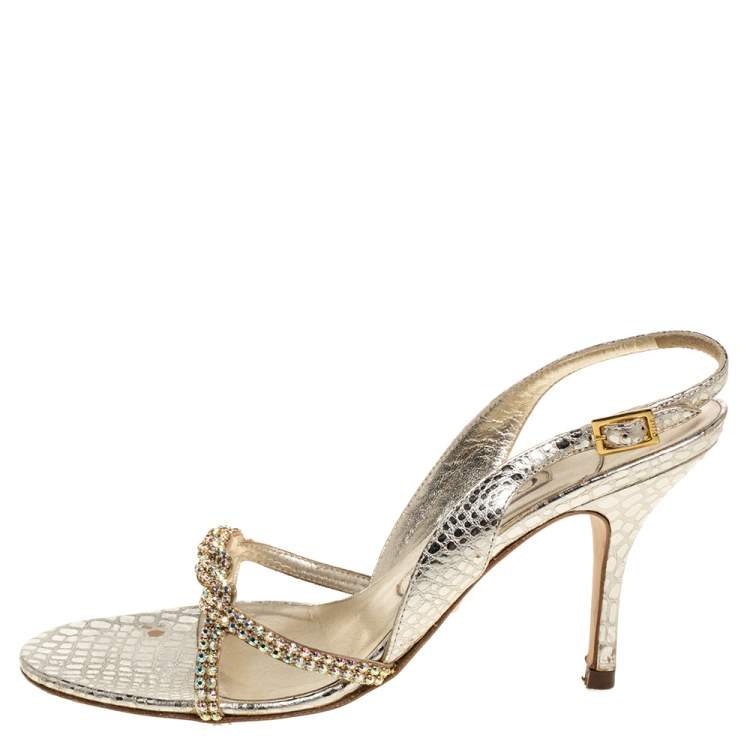 Pre Owned Gina Gold Croc Embossed Leather Crystal Embellished Slingback Sandals Size 37.5