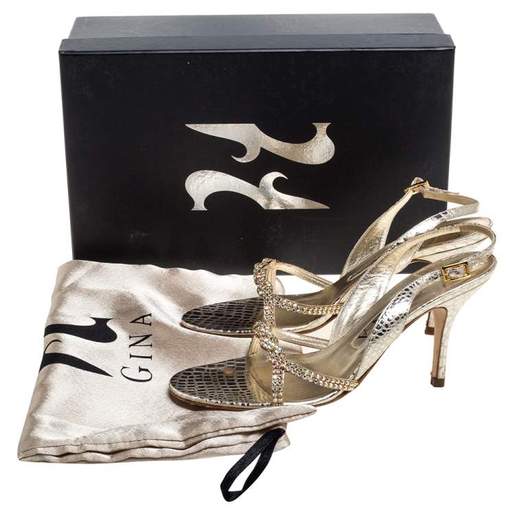 Pre Owned Gina Gold Croc Embossed Leather Crystal Embellished Slingback Sandals Size 37.5