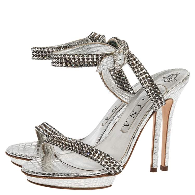 Pre Owned Gina Metallic Silver Croc Embossed Leather Crystal Embellished Ankle Wrap Sandals Size 38
