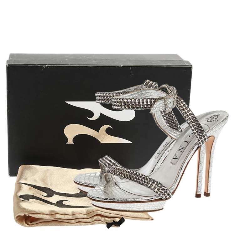 Pre Owned Gina Metallic Silver Croc Embossed Leather Crystal Embellished Ankle Wrap Sandals Size 38