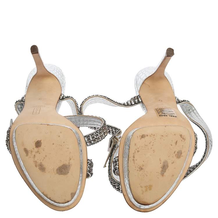 Pre Owned Gina Metallic Silver Croc Embossed Leather Crystal Embellished Ankle Wrap Sandals Size 38