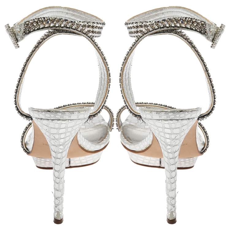 Pre Owned Gina Metallic Silver Croc Embossed Leather Crystal Embellished Ankle Wrap Sandals Size 38
