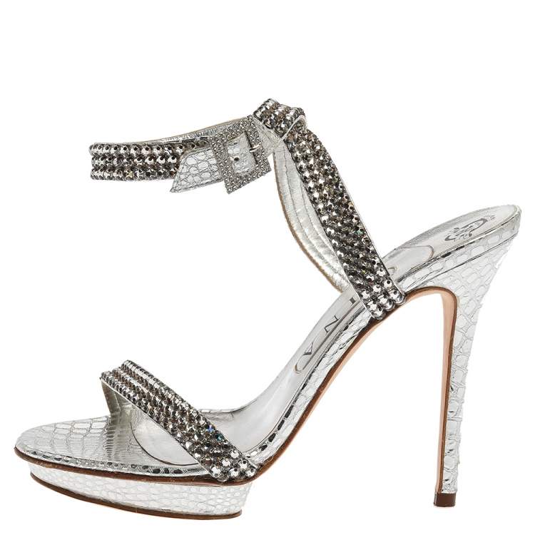 Pre Owned Gina Metallic Silver Croc Embossed Leather Crystal Embellished Ankle Wrap Sandals Size 38