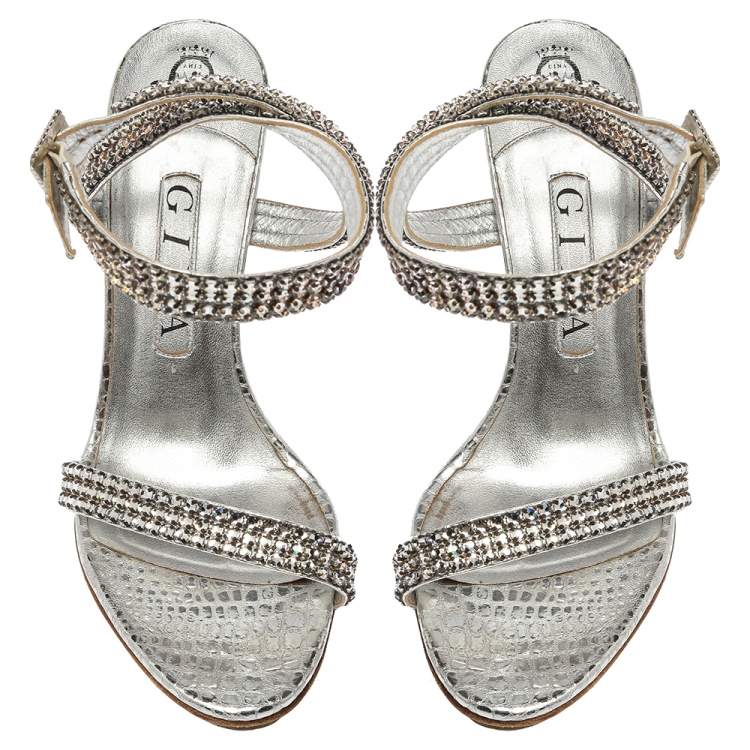 Pre Owned Gina Metallic Silver Croc Embossed Leather Crystal Embellished Ankle Wrap Sandals Size 38