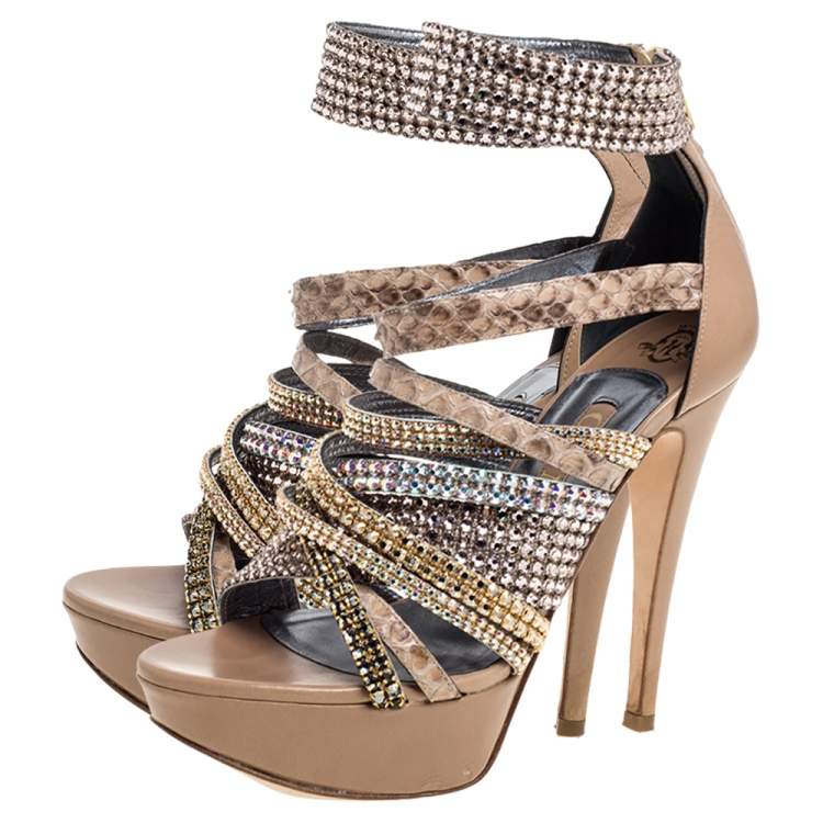 Pre Owned Gina Beige Leather And Python Trim Crystal Embellished Strappy Platform Ankle Cuff Sandals Size 38