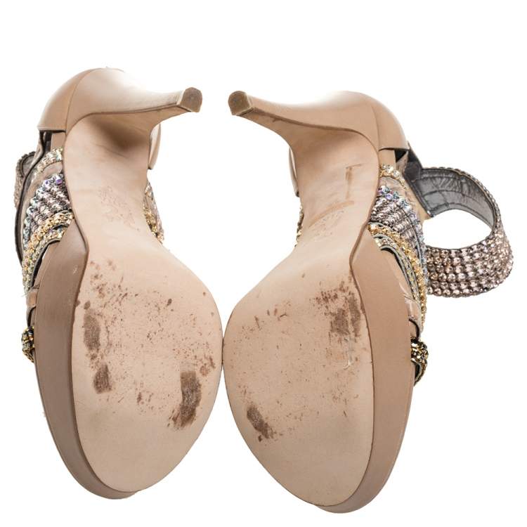 Pre Owned Gina Beige Leather And Python Trim Crystal Embellished Strappy Platform Ankle Cuff Sandals Size 38