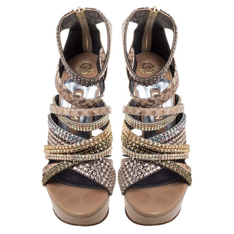 Pre Owned Gina Beige Leather And Python Trim Crystal Embellished Strappy Platform Ankle Cuff Sandals Size 38