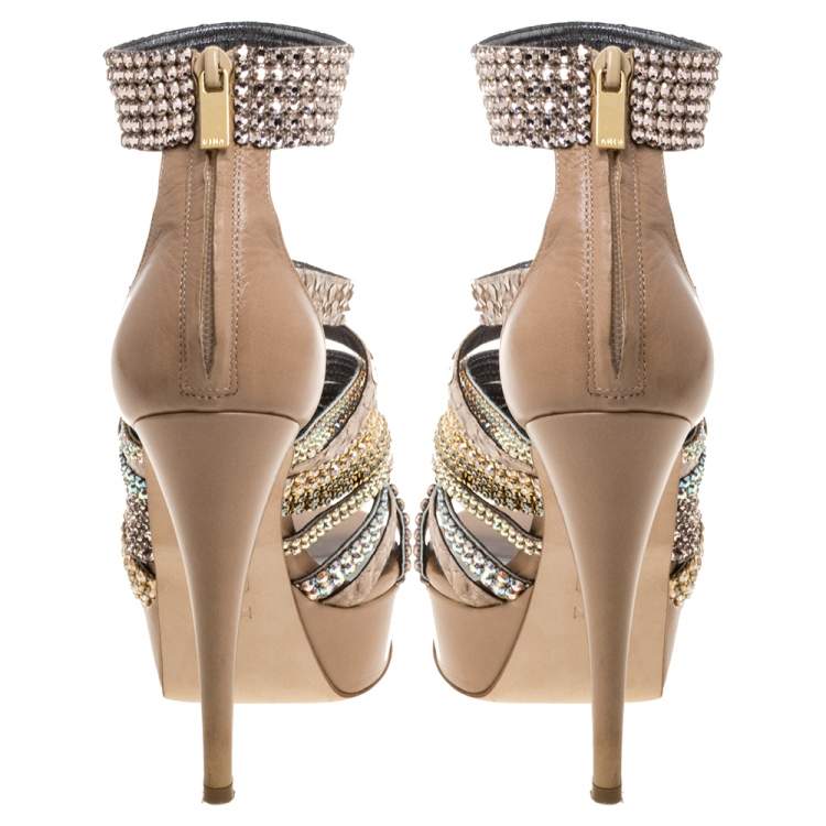 Pre Owned Gina Beige Leather And Python Trim Crystal Embellished Strappy Platform Ankle Cuff Sandals Size 38
