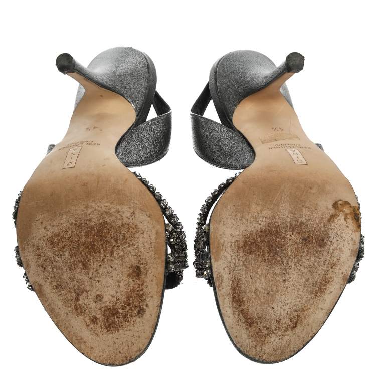 Pre Owned Gina Metallic Grey Crystal Embellished Naomi Slingback Sandals Size 37.5 