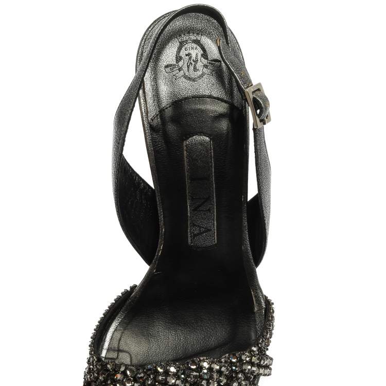 Pre Owned Gina Metallic Grey Crystal Embellished Naomi Slingback Sandals Size 37.5 
