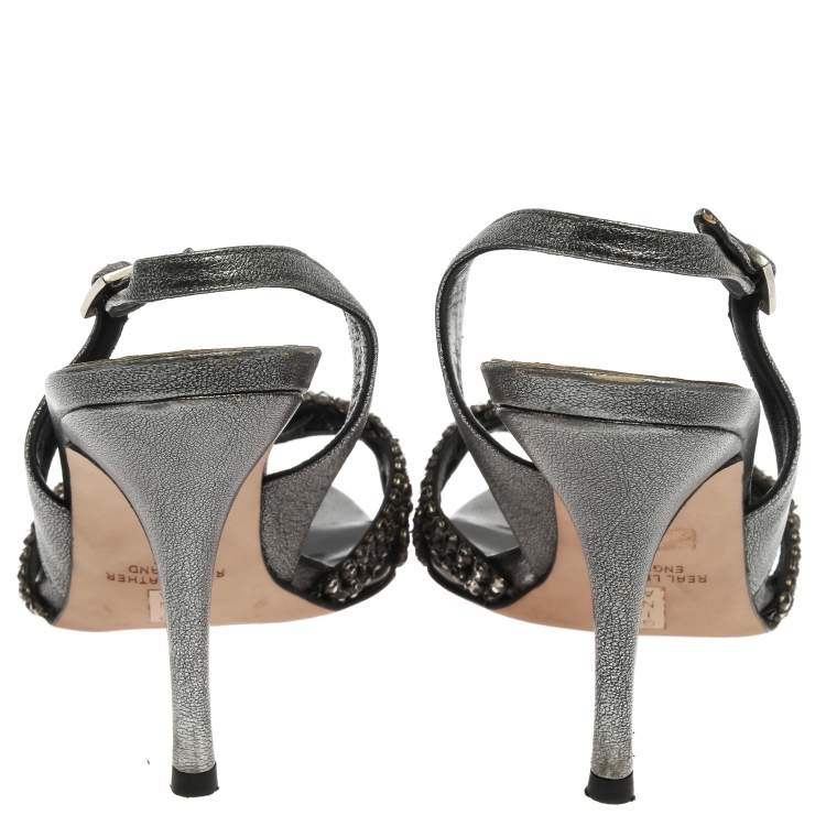 Pre Owned Gina Metallic Grey Crystal Embellished Naomi Slingback Sandals Size 37.5 