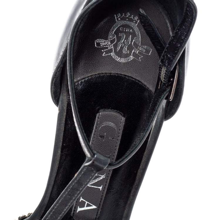 Pre Owned Gina Grey Patent Leather Crystal Embellished T-Strap Sandals Size 37.5