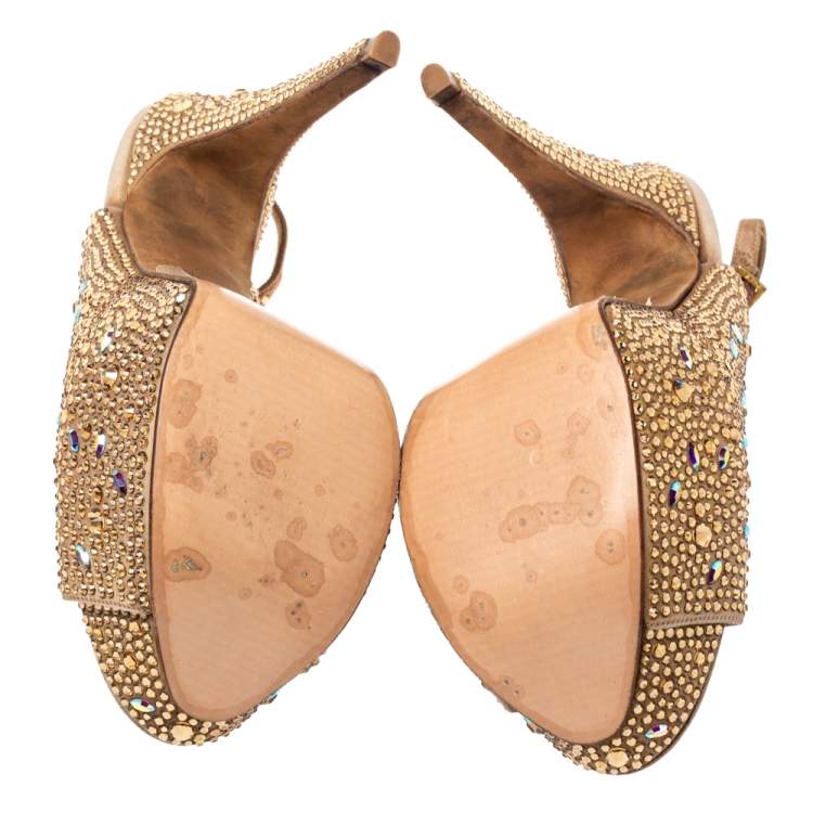 Pre Owned Gina Beige Satin Crystal Embellished Platform Peep Toe Slingback Sandals Size 38