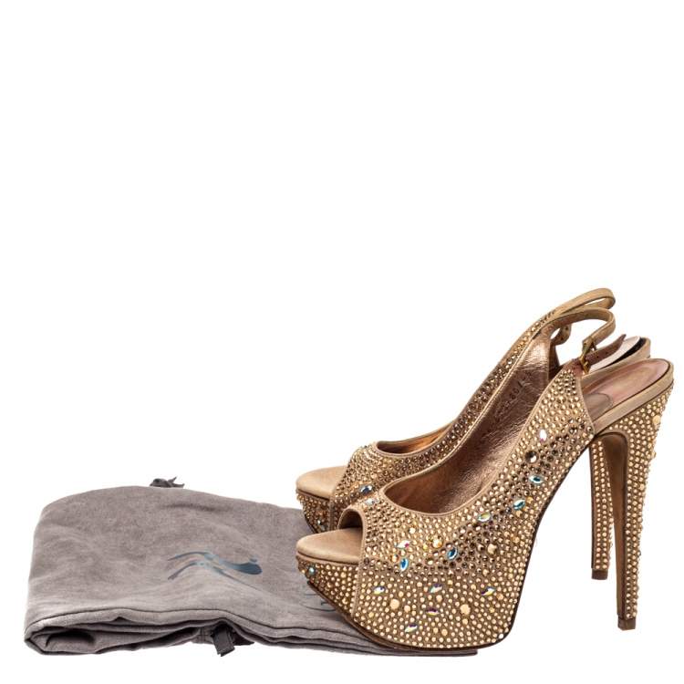 Pre Owned Gina Beige Satin Crystal Embellished Platform Peep Toe Slingback Sandals Size 38