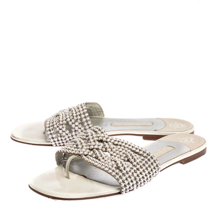 Pre Owned Gina White Leather Crystal Embellished Slide Flats Size 38.5