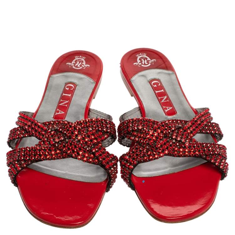 Pre Owned Gina Red Leather Crystal Embellished Slide Flats Size 38.5