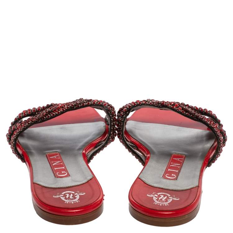 Pre Owned Gina Red Leather Crystal Embellished Slide Flats Size 38.5
