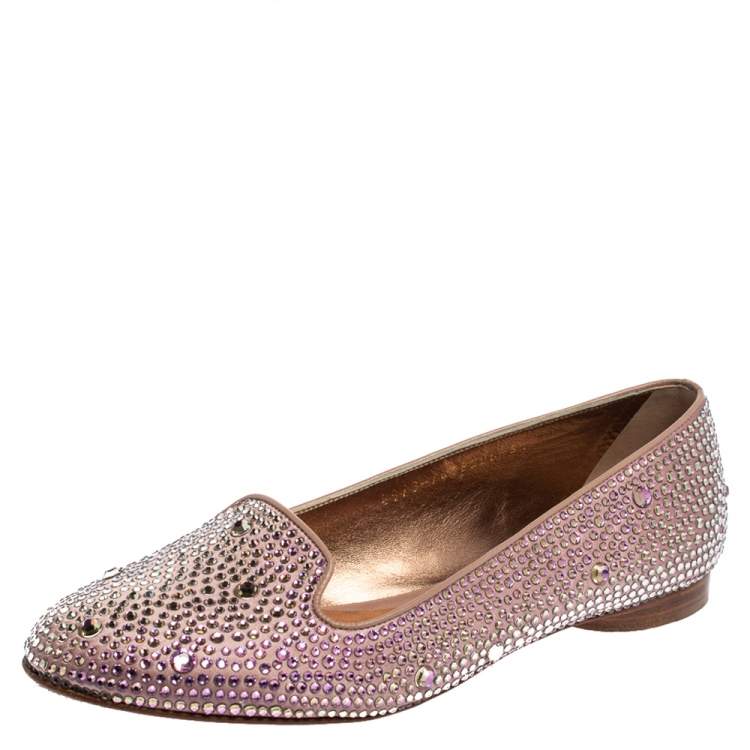 Pre Owned Gina Pink Crystal Embellished Satin Flats Size 38.5 