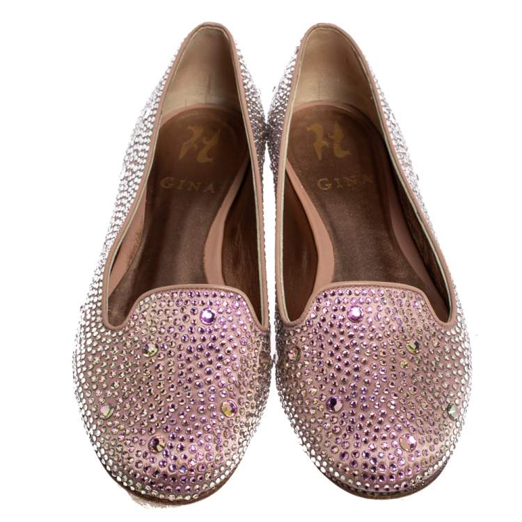 Pre Owned Gina Pink Crystal Embellished Satin Flats Size 38.5 