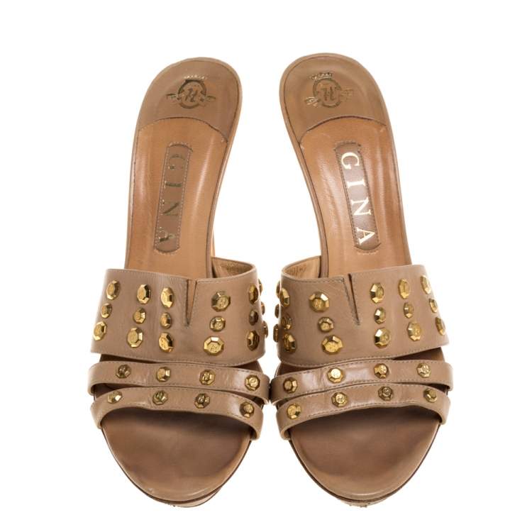 Pre Owned Gina Beige Leather Studded Open Toe Sandals Size 40