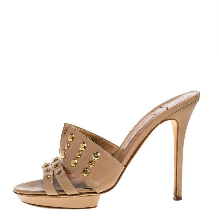 Pre Owned Gina Beige Leather Studded Open Toe Sandals Size 40