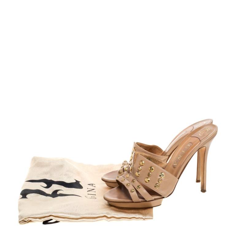 Pre Owned Gina Beige Leather Studded Open Toe Sandals Size 40