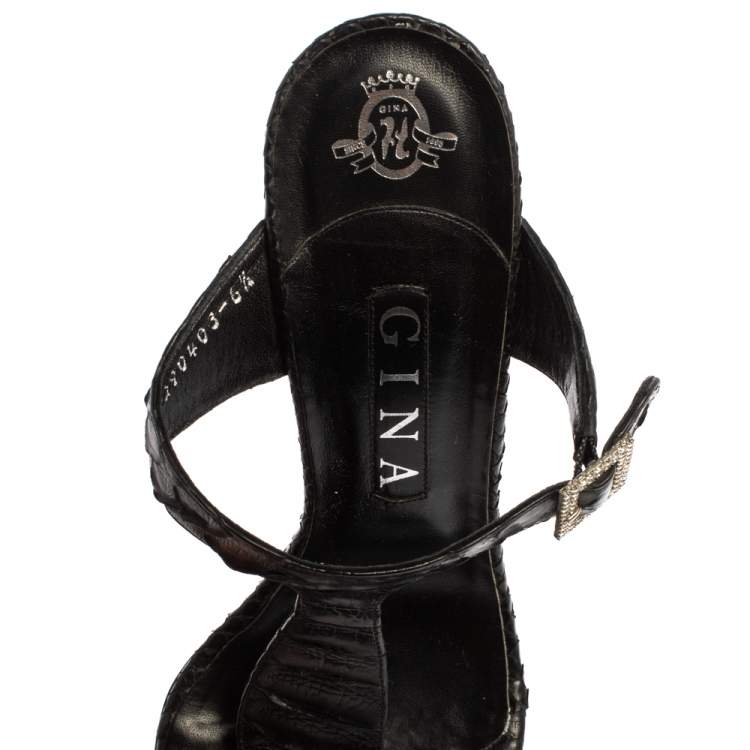 Pre Owned Gina Black Python Crystal Embellished Thong Sandals Size 39.5