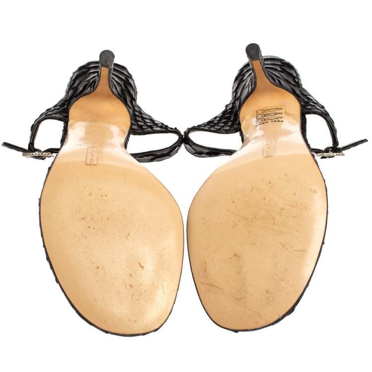 Pre Owned Gina Black Python Crystal Embellished Thong Sandals Size 39.5