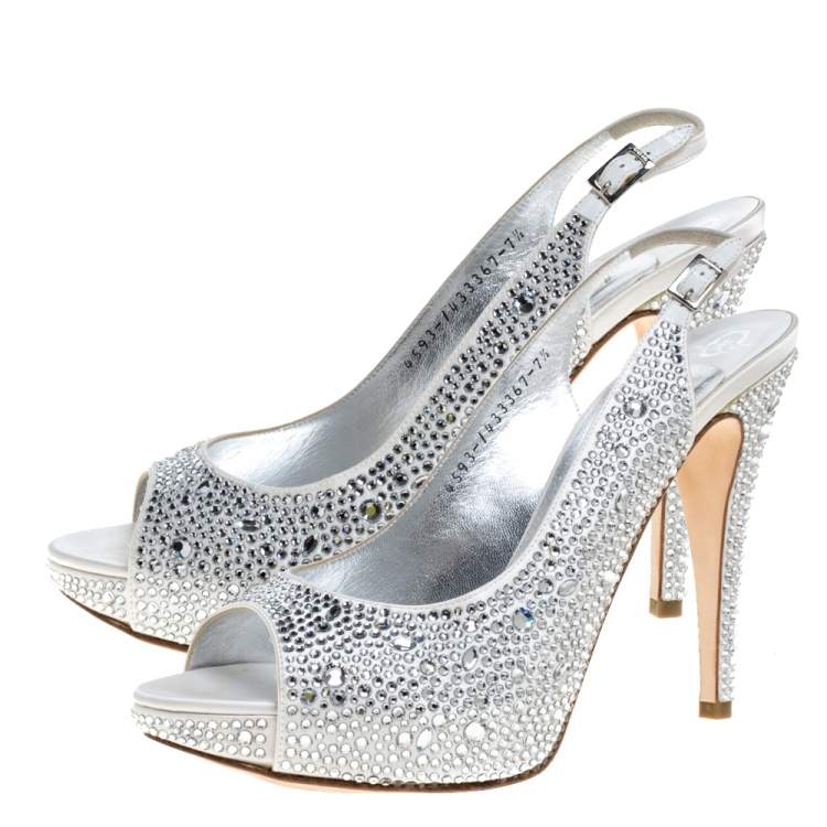 Pre Owned Gina Grey Satin Crystal Embellished Platform Peep Toe Slingback Sandals Size 40.5