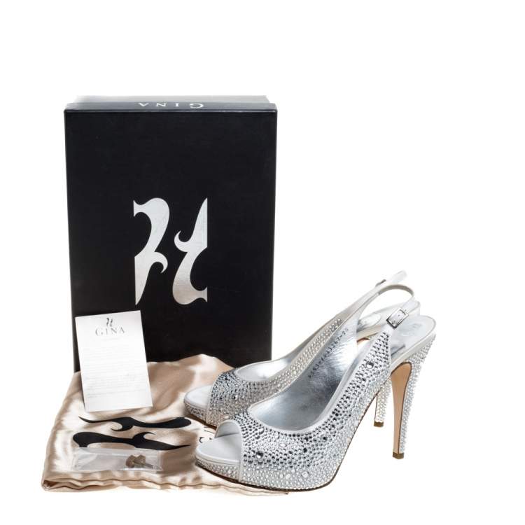 Pre Owned Gina Grey Satin Crystal Embellished Platform Peep Toe Slingback Sandals Size 40.5