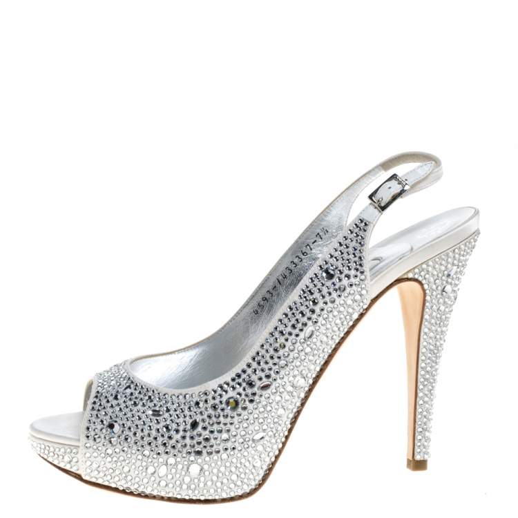 Pre Owned Gina Grey Satin Crystal Embellished Platform Peep Toe Slingback Sandals Size 40.5