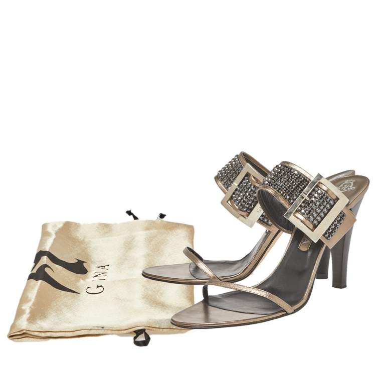 Pre Owned Gina Metallic Leather Crystal Embellished Ankle Wrap Sandals Size 41