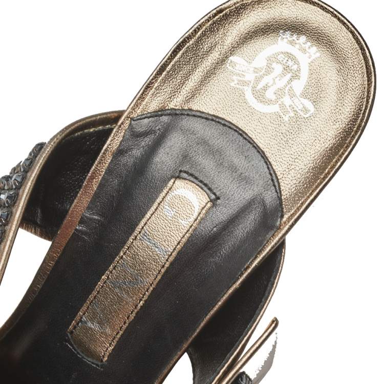 Pre Owned Gina Metallic Leather Crystal Embellished Ankle Wrap Sandals Size 41