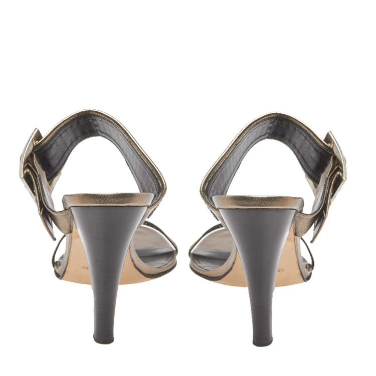 Pre Owned Gina Metallic Leather Crystal Embellished Ankle Wrap Sandals Size 41