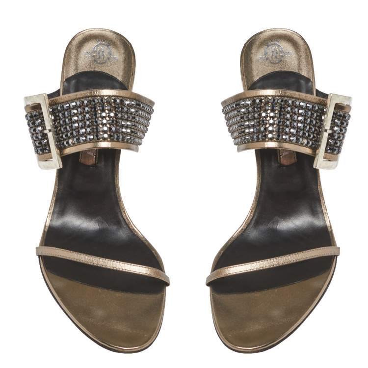 Pre Owned Gina Metallic Leather Crystal Embellished Ankle Wrap Sandals Size 41