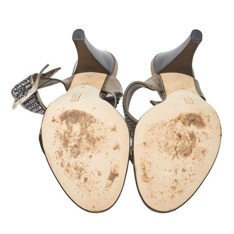 Pre Owned Gina Metallic Leather Crystal Embellished Ankle Wrap Sandals Size 41