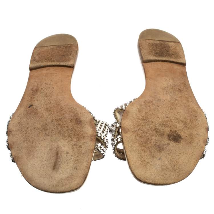 Pre Owned Gina White Leather Crystal Embellished Thong Flat Slides Size 40.5