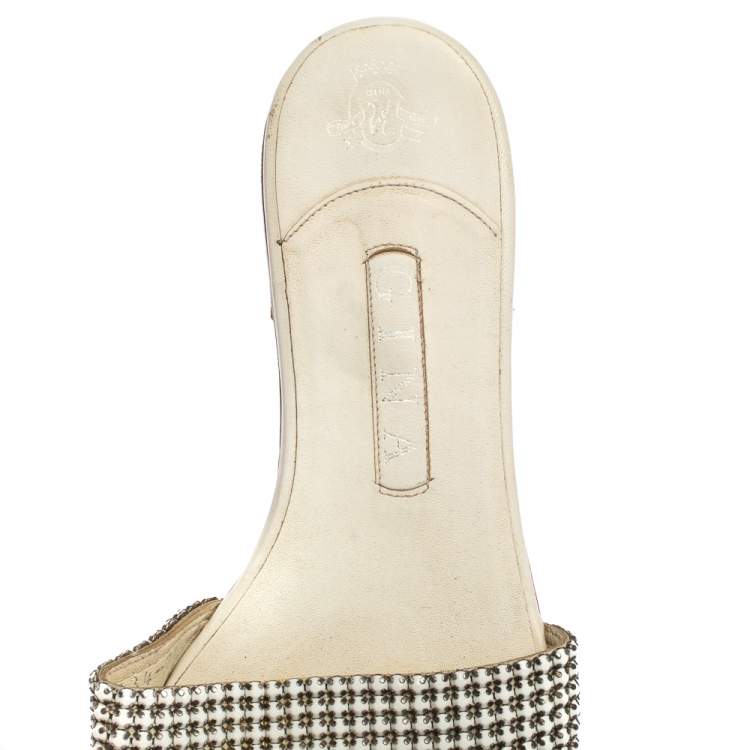 Pre Owned Gina White Leather Crystal Embellished Thong Flat Slides Size 40.5