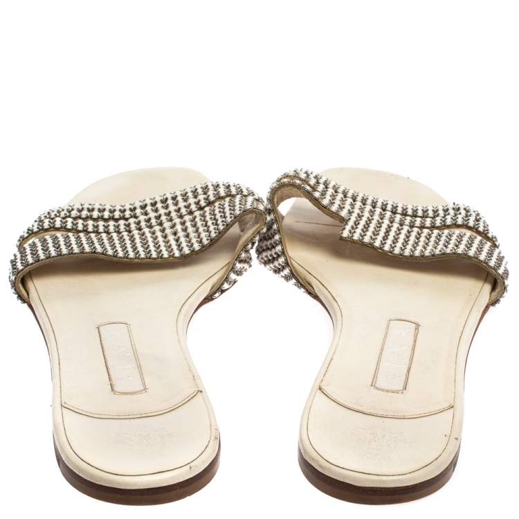 Pre Owned Gina White Leather Crystal Embellished Thong Flat Slides Size 40.5