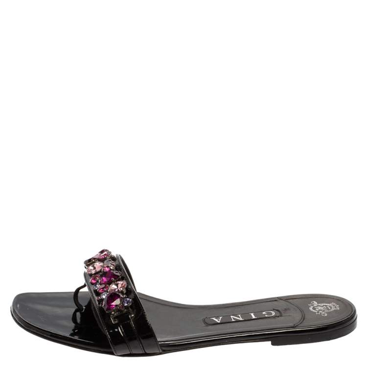 Pre Owned Gina Black Leather Crystal Embellished Flat Slides Size 40