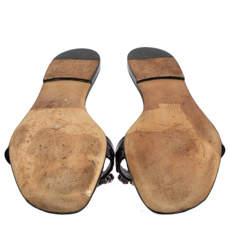 Pre Owned Gina Black Leather Crystal Embellished Flat Slides Size 40