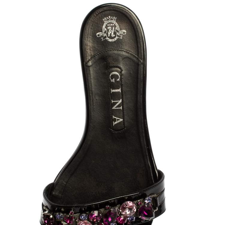 Pre Owned Gina Black Leather Crystal Embellished Flat Slides Size 40