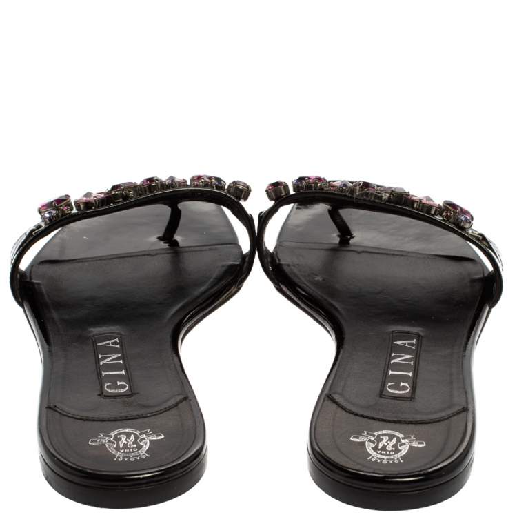 Pre Owned Gina Black Leather Crystal Embellished Flat Slides Size 40