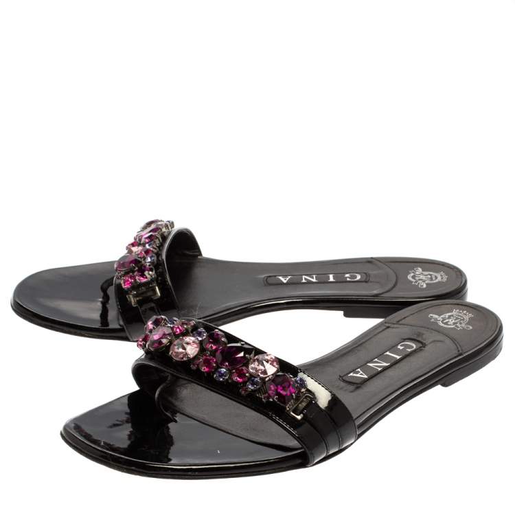 Pre Owned Gina Black Leather Crystal Embellished Flat Slides Size 40