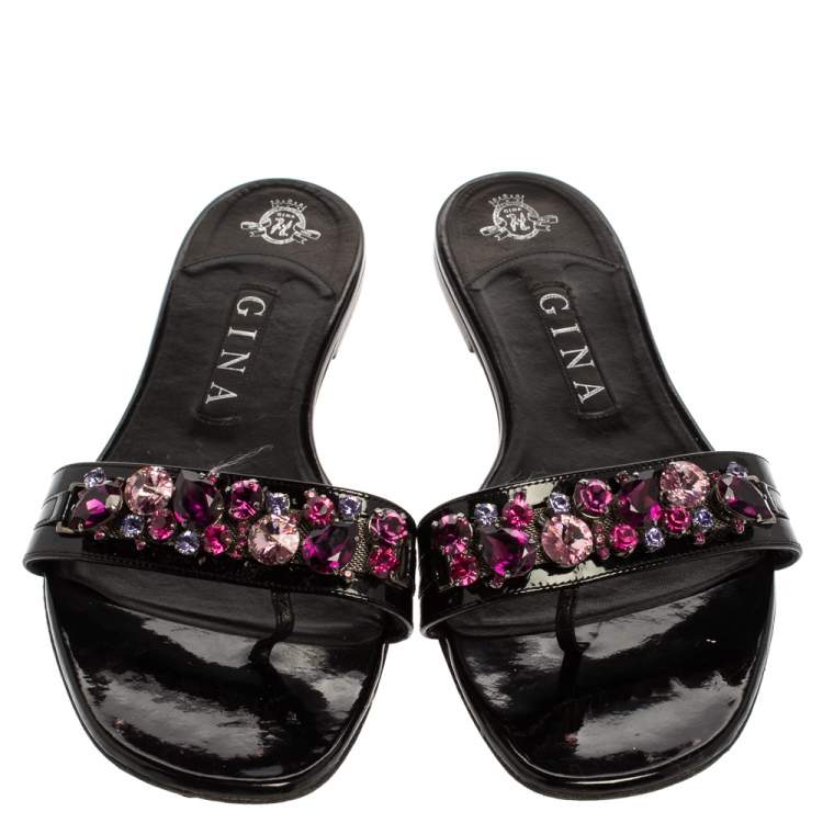 Pre Owned Gina Black Leather Crystal Embellished Flat Slides Size 40