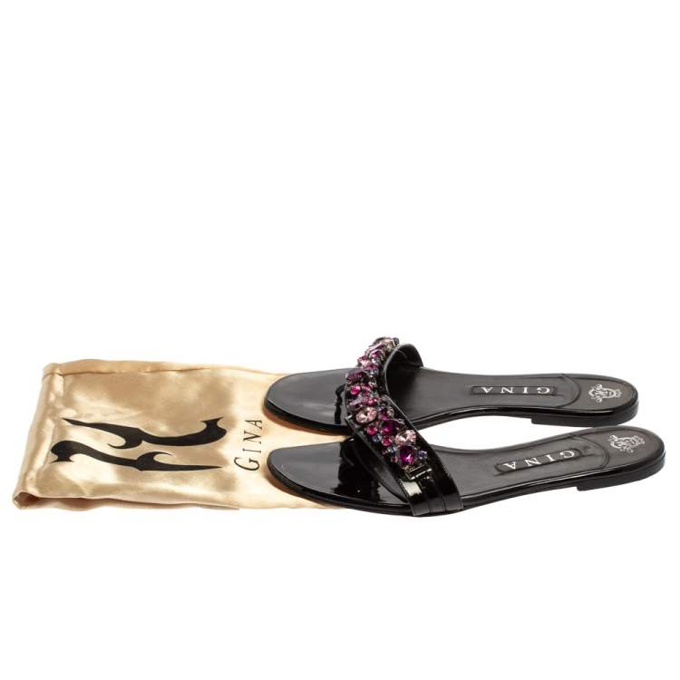 Pre Owned Gina Black Leather Crystal Embellished Flat Slides Size 40